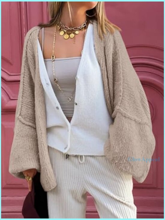 Oversized Chunky Cardigan with Lantern Sleeves, V-Neck, Extra Long Length - Picture 2 of 6